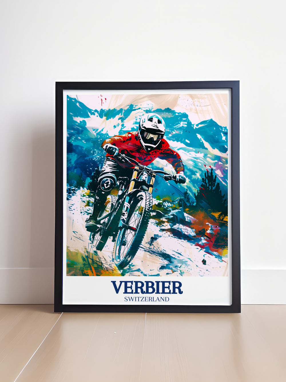 MTB Verbier canvas art celebrates the thrill of mountain biking in the Swiss Alps. This artwork captures the intensity and excitement of riding Verbiers world class trails, making it a must have for biking fans or anyone seeking a dynamic, adventure filled piece of décor.