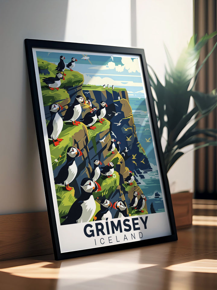 Capturing the lively puffin colonies of Grimsey, this travel poster showcases the charming seabirds against the islands dramatic cliffs, making it an ideal piece for nature enthusiasts.