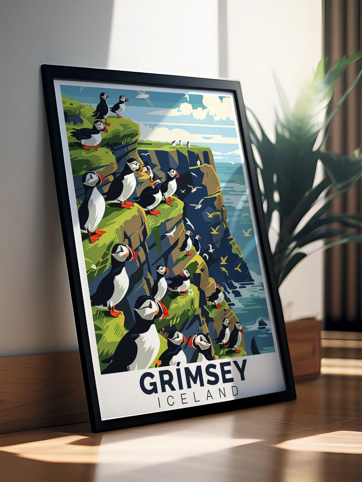 Explore the Arctic beauty of Grimsey Island with this Puffin Colonies Travel Print. Featuring puffins and the magical Northern Lights, this print is a perfect addition for nature lovers and adventurers alike.