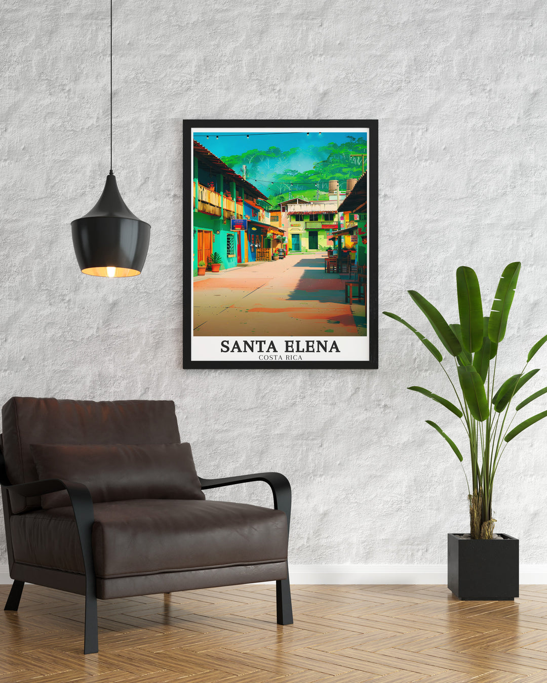 Costa Rica poster featuring Monteverde Cloud Forest Reserve and Central Plaza. A perfect blend of natural beauty and urban charm this art print brings the lush landscapes and vibrant city life of Costa Rica into your living room creating a stunning focal point.