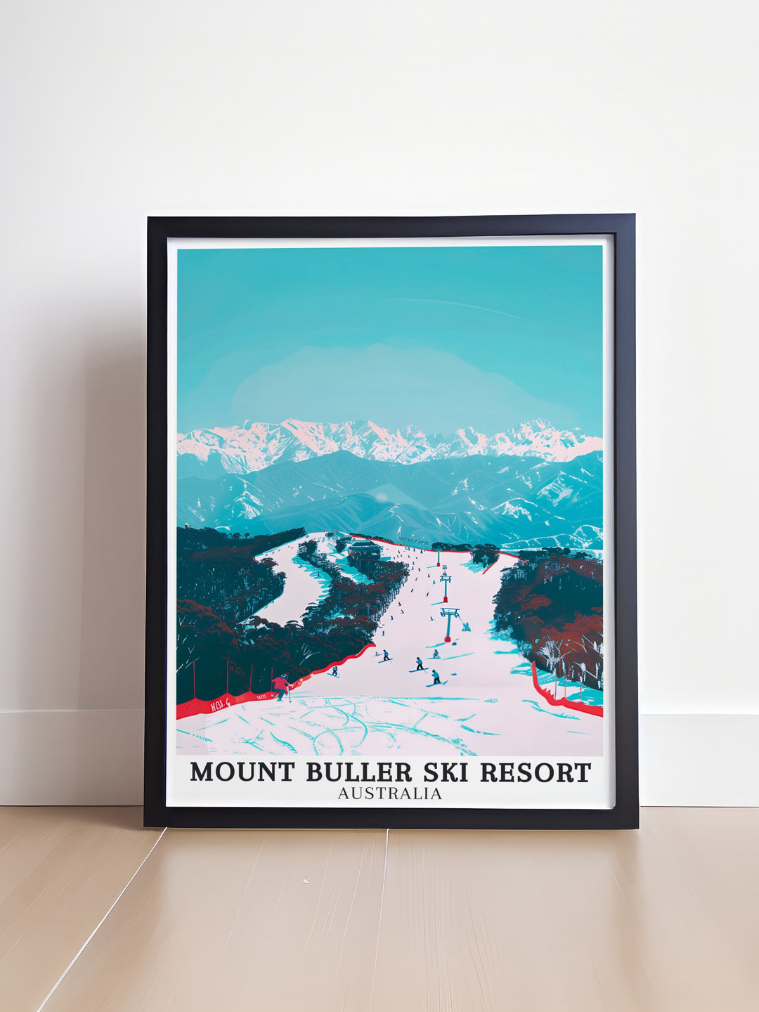 Mount Buller Ski Print highlighting the picturesque winter wonderland of Australias iconic ski destination. The print captures the serene snow covered peaks and the vibrant energy of the ski community, ideal for adding a touch of alpine charm to your home or office decor. This artwork is perfect for those who love skiing and the great outdoors.