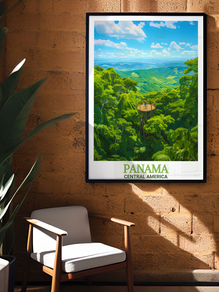 Panama Wall Poster featuring the iconic Panama City Beach and the tropical allure of Soberanía National Park. This travel poster captures the contrast of serene beaches and lush rainforests, making it a stunning piece for your homes wall decor.