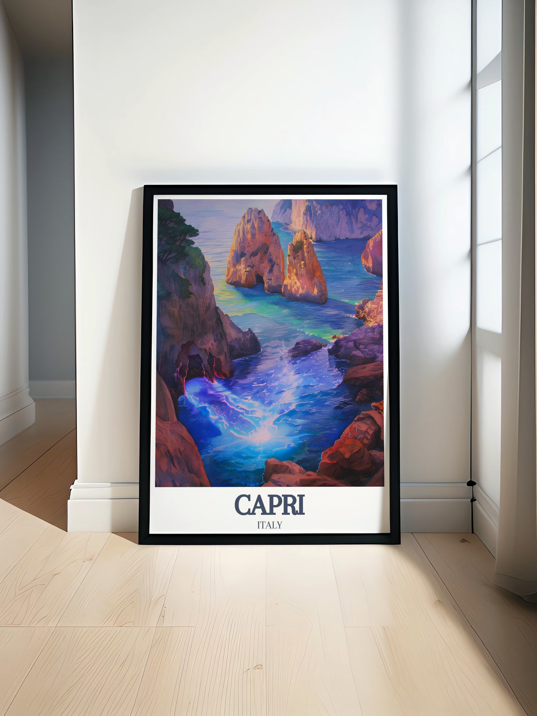 Stunning Capri Art Print showcasing the iconic Faraglioni Rocks Blue Grotto and Mediterranean sea This modern print is perfect for bringing an elegant touch of Italy into your home decor ideal for living rooms bedrooms or office spaces