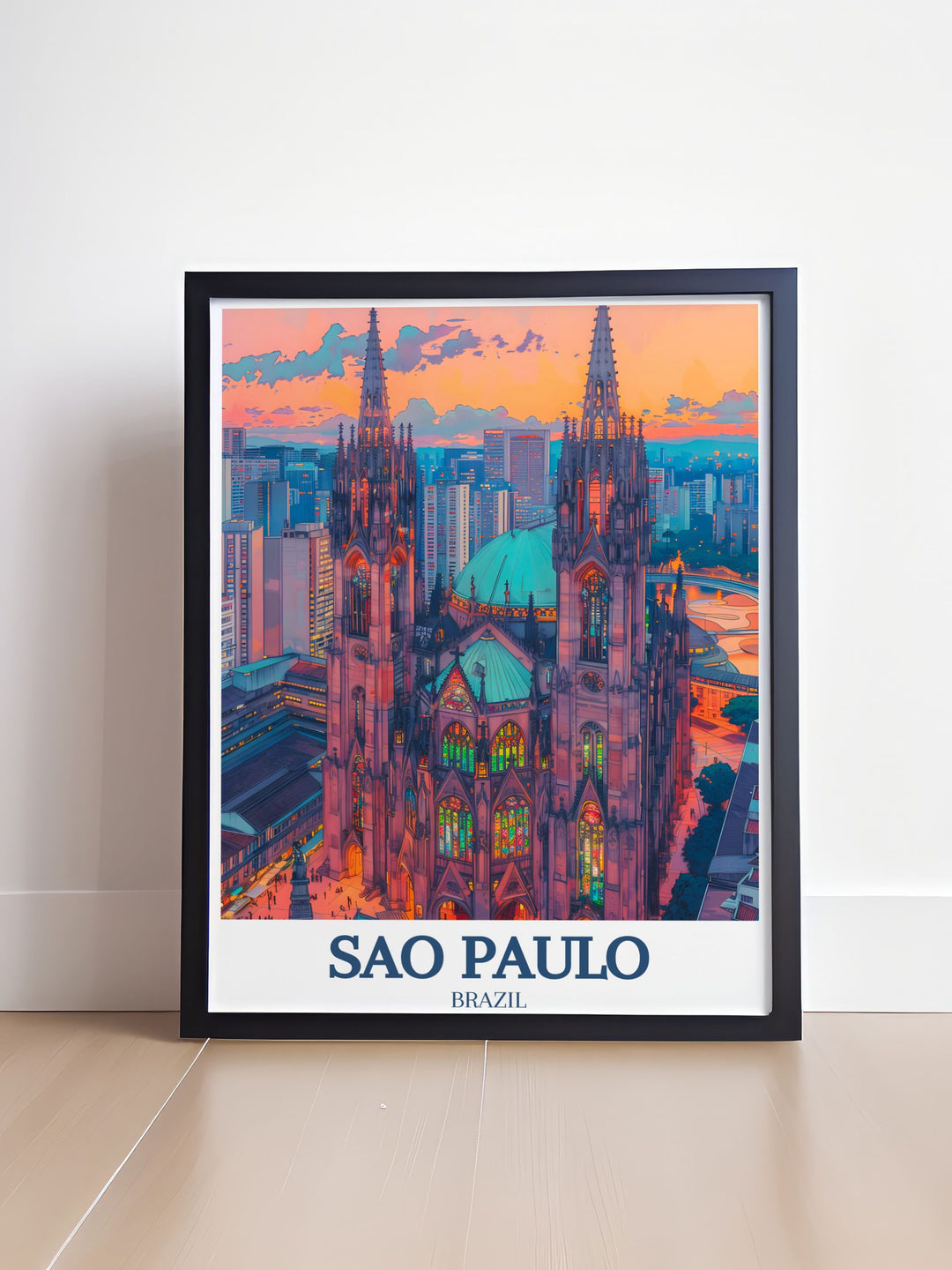 A stunning wall art print depicting São Paulos iconic cathedral in the heart of Praça da Sé square. This travel poster features the intricate details of the São Paulo Cathedral, with its Gothic style and the lively atmosphere of one of Brazils most famous public spaces.