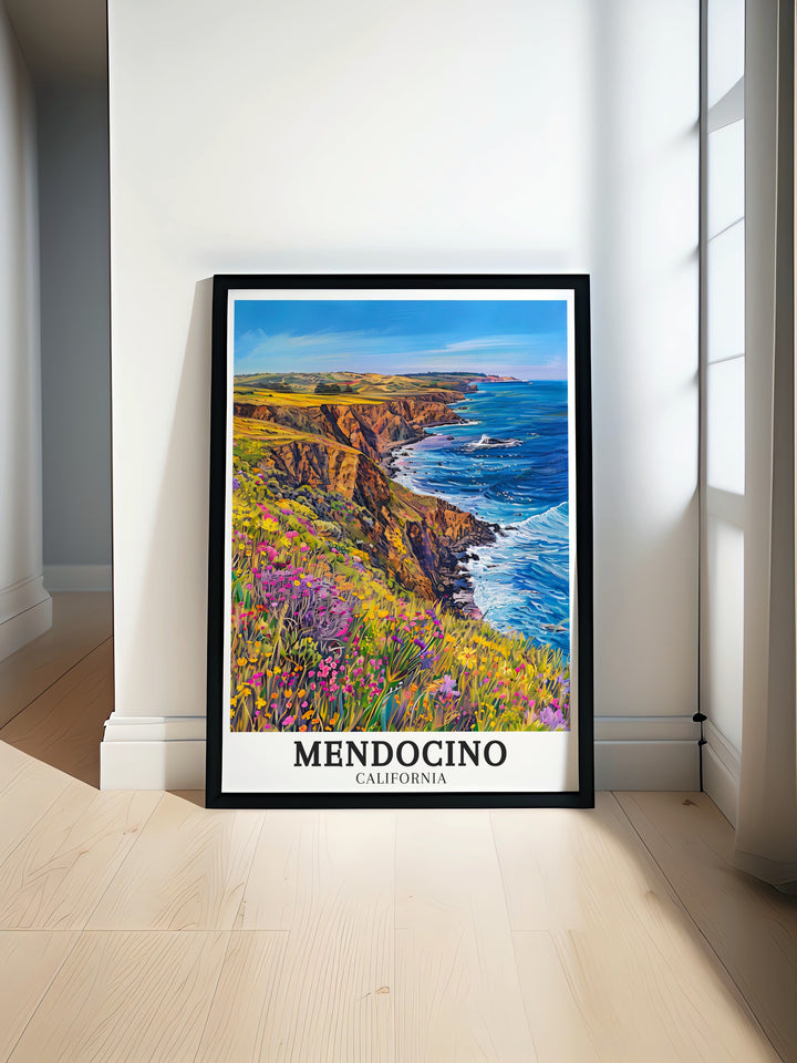 Mendocino Coast and Pacific Ocean art deco travel posters showcasing vibrant landscapes and serene waters of Northern California. These framed travel posters are ideal for adding a touch of coastal elegance to your wall decor. Experience the charm of the Mendocino Coast through our beautifully crafted art deco travel posters.