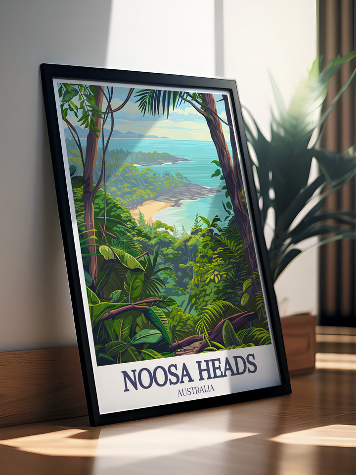 Noosa National Park Travel Print showcasing the pristine wilderness of Noosa Heads, including lush forest trails and coastal views of Little Cove. This fine art print captures the natural serenity of the region, ideal for bringing a refreshing coastal vibe into your home decor.