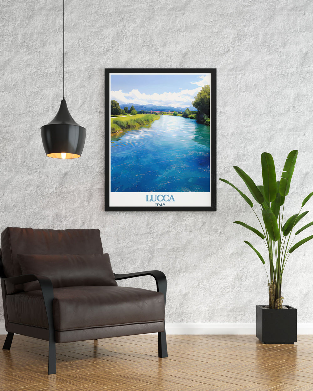 Colorful Lucca Art Print featuring the intricate city map design paired with the serene beauty of Serchio River stunning prints ideal for enhancing your home decor
