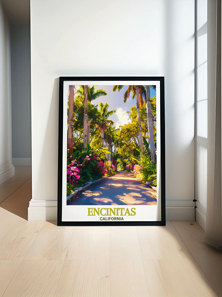 San Diego Botanic Garden travel print showcases the lush greenery of one of Encinitas most famous landmarks, paired with the coastal charm of California. This canvas art adds a touch of nature to any room, making it an ideal gift or decor piece for plant lovers.