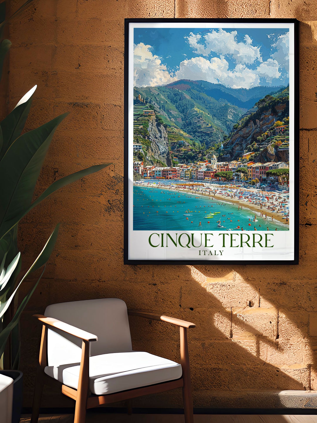 Monterosso al Mares beach vintage print showcasing the picturesque streets and stunning coastal views of Cinque Terre an elegant and vivid art piece that enhances any interior style with its timeless beauty.