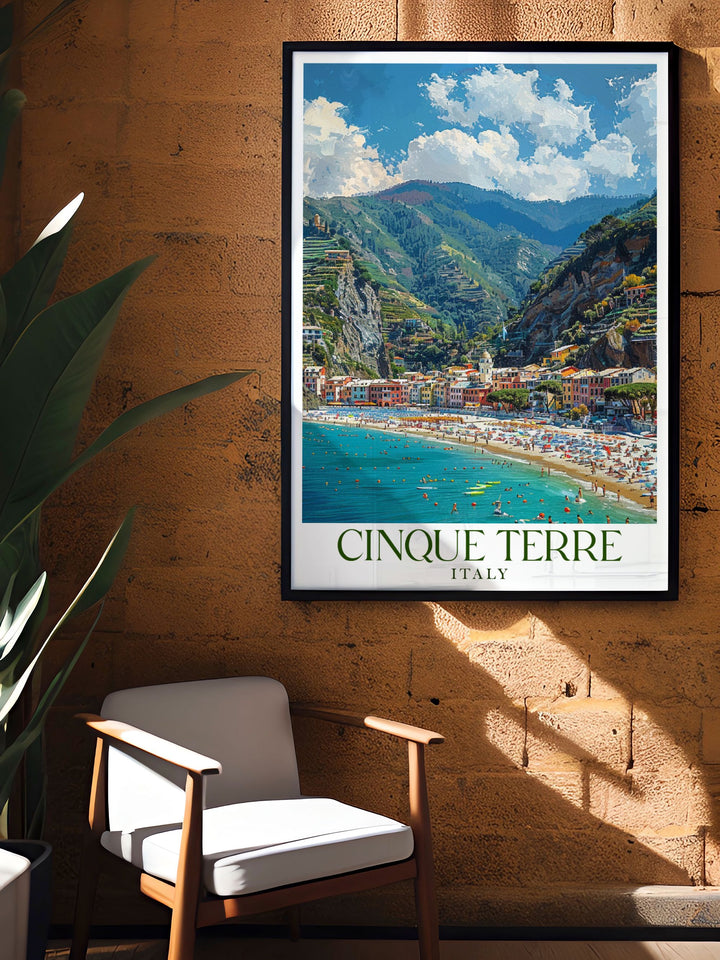 Monterosso al Mares beach vintage print showcasing the picturesque streets and stunning coastal views of Cinque Terre an elegant and vivid art piece that enhances any interior style with its timeless beauty.