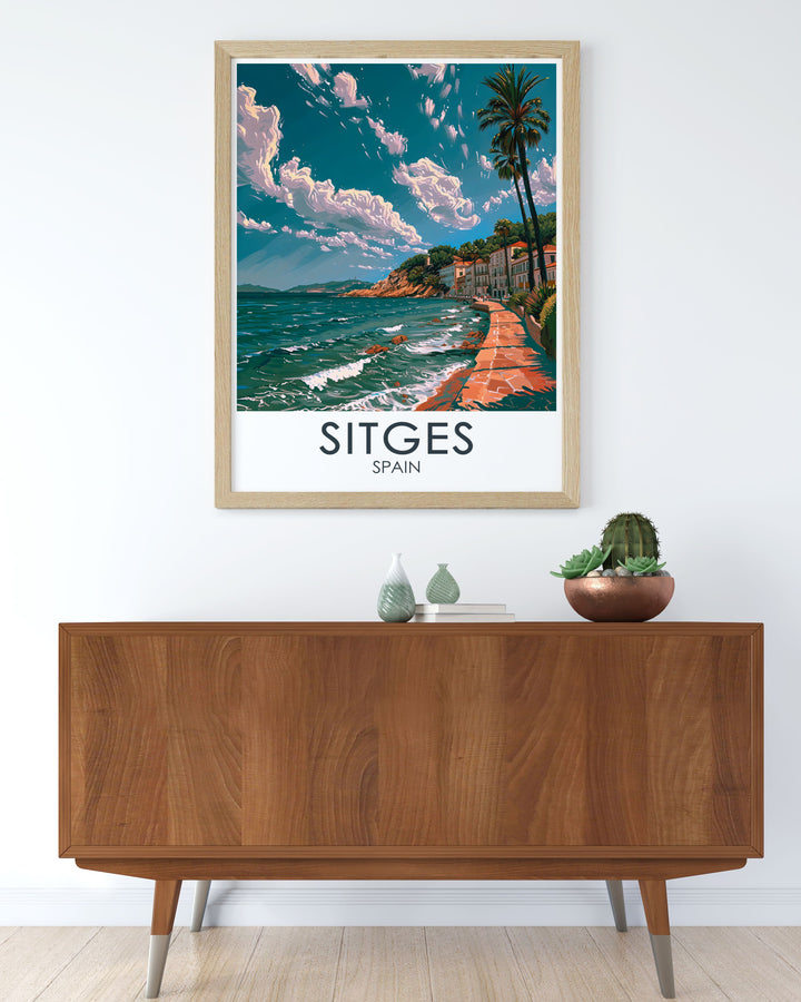 Featuring the vibrant scenery of Sitges and its stunning Promenade, this travel poster is perfect for those who love exploring coastal destinations and appreciating the beauty of historic towns.