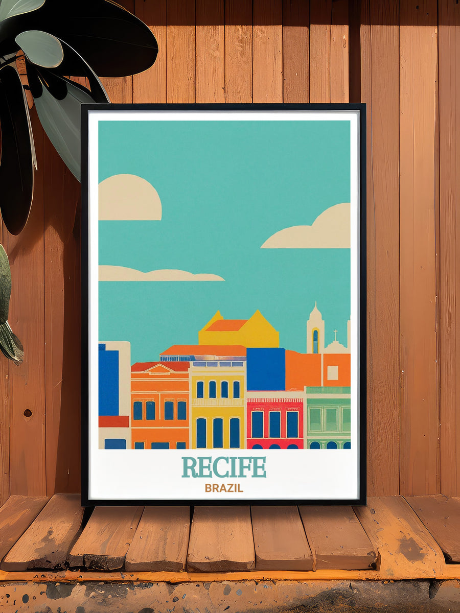 Beautiful Recife Antigo travel print highlighting the cobblestone streets and rich heritage of Brazils Recife. This poster brings the unique character of Recifes oldest district into your home, with intricate details and vibrant colors that tell a story of culture and history.