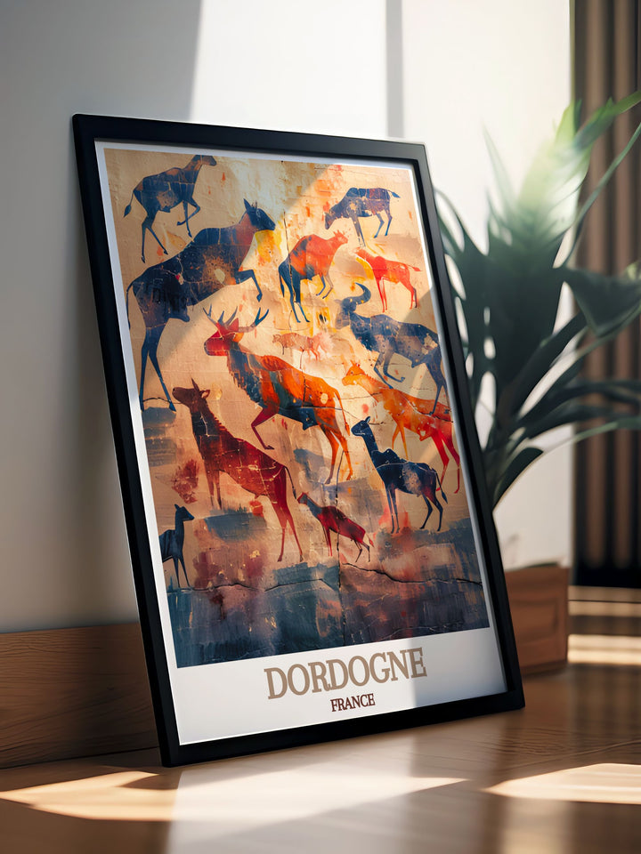 This travel poster captures the ancient artistry of the Lascaux Caves in Dordogne, highlighting its prehistoric paintings and historical significance.