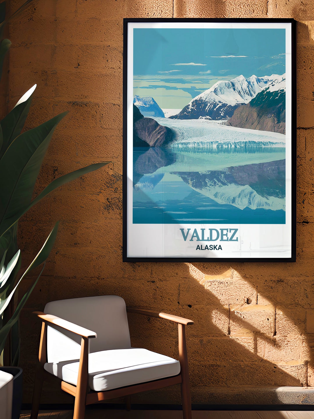 Explore the wonders of Valdez, Alaska, with this travel print, showcasing the dramatic beauty of the Columbia Glacier. Ideal for any home or office, this artwork brings the rugged charm of Alaskas wilderness to life in a serene and captivating way.