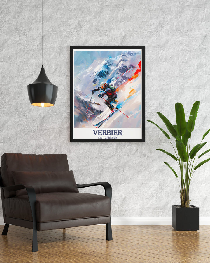 This Verbier vintage poster captures the allure of the Four Valleys, one of Europes premier ski regions. The elegant artwork makes a fantastic gift for skiing fans, with its intricate detailing of the Swiss mountains, bringing alpine charm to any room.