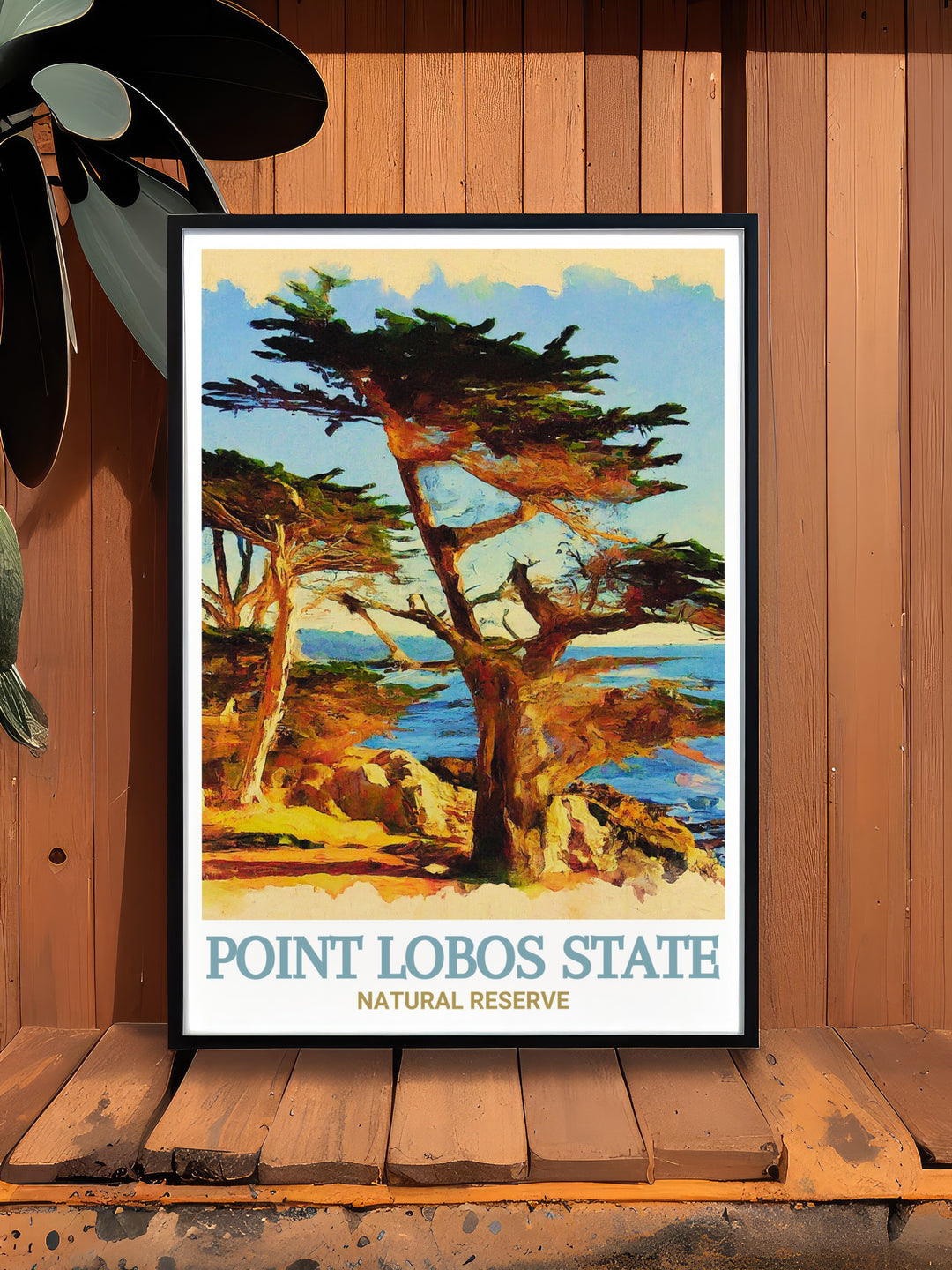 Vintage poster of Point Lobos, showcasing the iconic landscape of the Cypress Grove Trail with its ancient trees and sweeping ocean views. This print is ideal for those who love travel inspired art that celebrates the natural beauty of Californias coast.