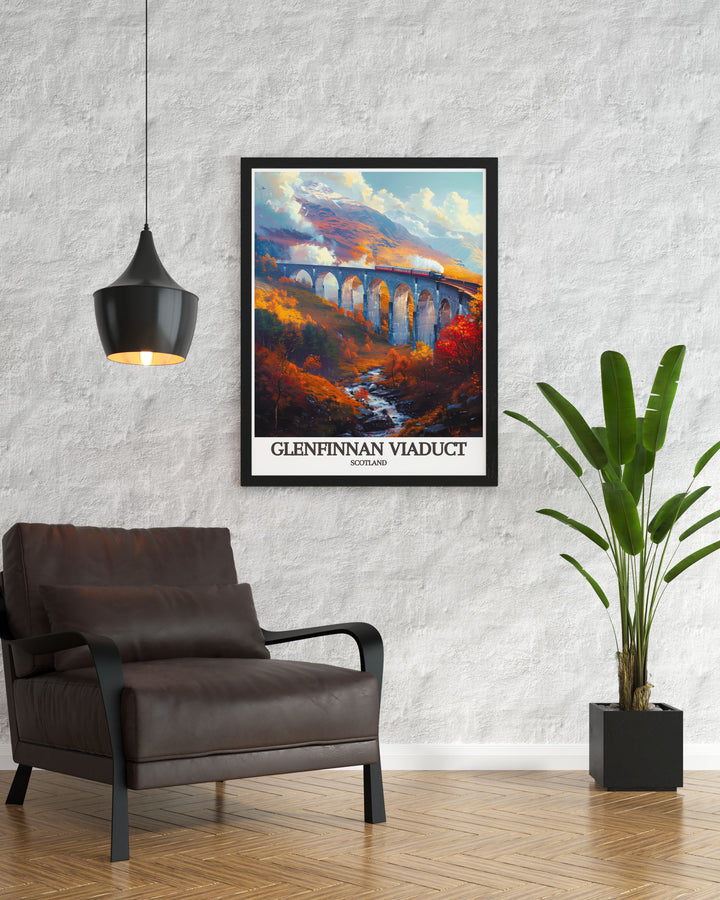 Gallery wall art of the Glenfinnan Viaduct in Scotland, showcasing its majestic arches and stunning highland backdrop, perfect for enhancing your home with a touch of historic charm.