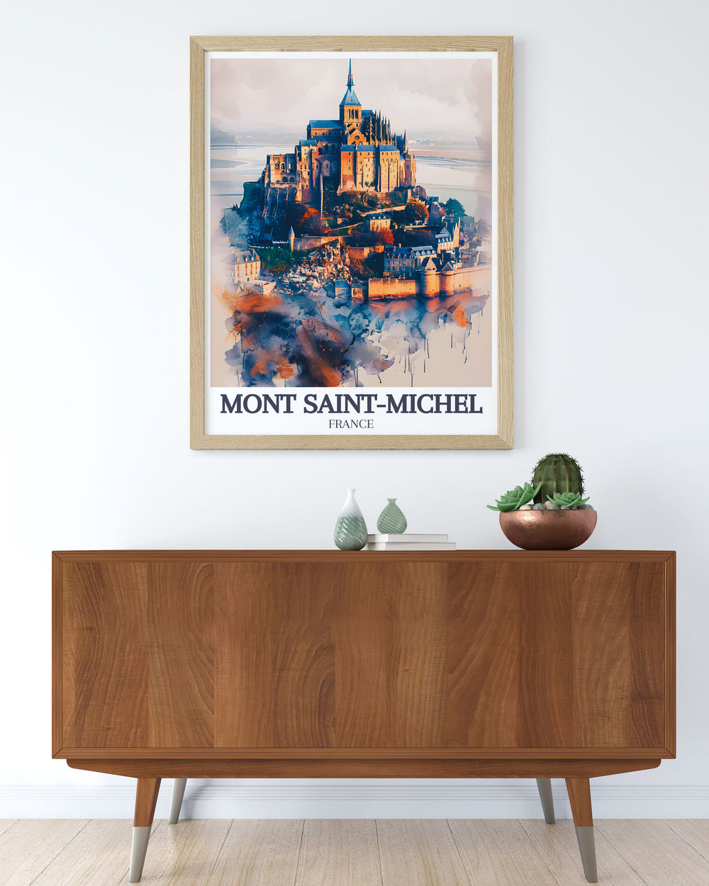 France travel print of Mont Saint Michel featuring the beautiful Normandy coastline Causeway a must have for those who love elegant home decor and stunning wall art.