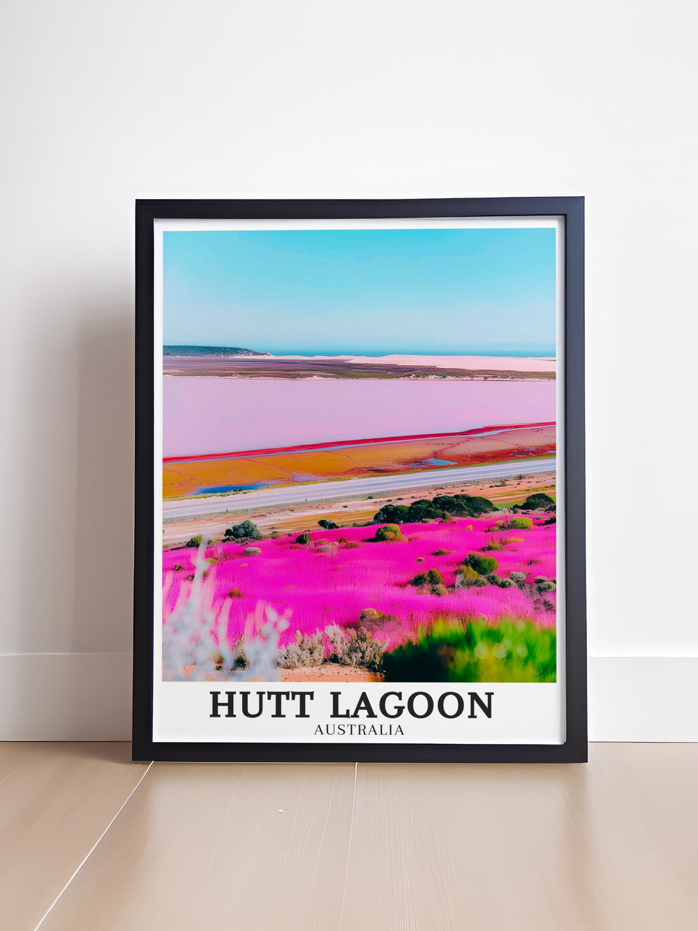 Elevate your home decor with the stunning Hutt Lagoon Artwork showcasing the unique pink hues of the Hutt River Coral Coast Highway This Australia Travel Art is ideal for those who love nature and want to add a touch of Australia to their living space