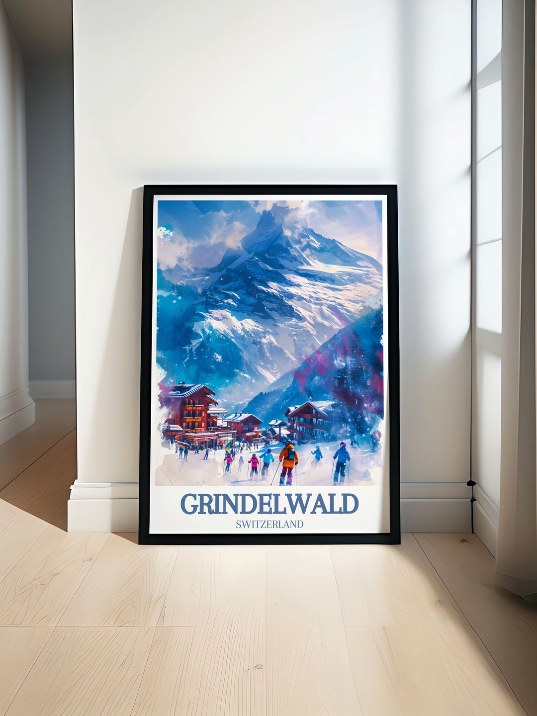 This travel poster of Grindelwald illustrates the charming alpine village and surrounding mountains, offering a picturesque view of one of Switzerlands most beloved ski resorts.