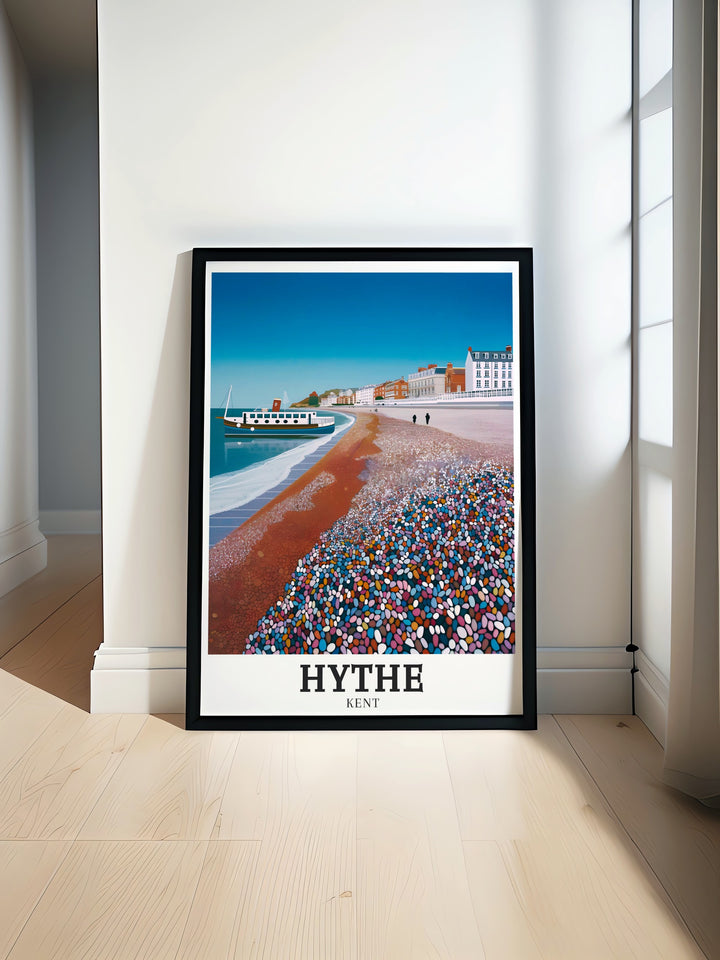 Hythe Beach and Hythe Seafront featured in this stunning Kent wall art bring the serene coastal beauty of Hythe into your living space. This Kent travel print is perfect for those who love scenic artwork and want to elevate their home decor.