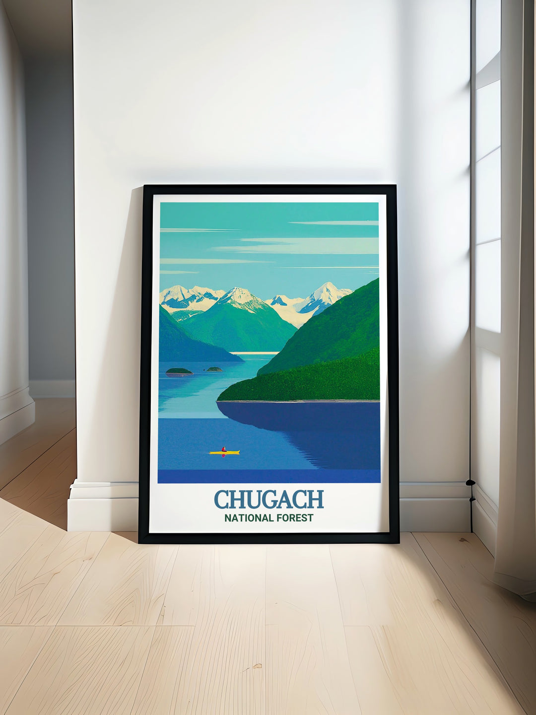 Alaska art featuring the majestic Prince William Sound and Chugach mountains in a stunning poster ideal for living room decor capturing the raw beauty of Alaska