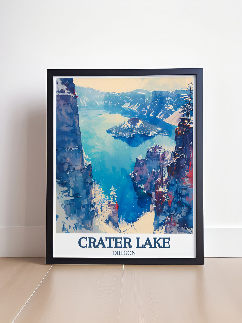 This national park poster captures the stunning beauty of Crater Lake and the serene waters of Wizard Island, perfect for adding a touch of Oregons natural wonder to your decor.
