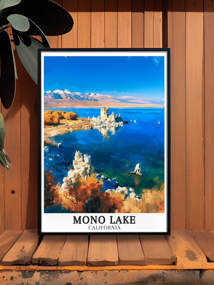 Elegant Mono Lake Tufa towers poster featuring the serene beauty of Mono Lake Tufa State Natural Reserve. This California travel print adds a modern yet timeless look to your living space and makes an excellent gift for those who love nature and travel.