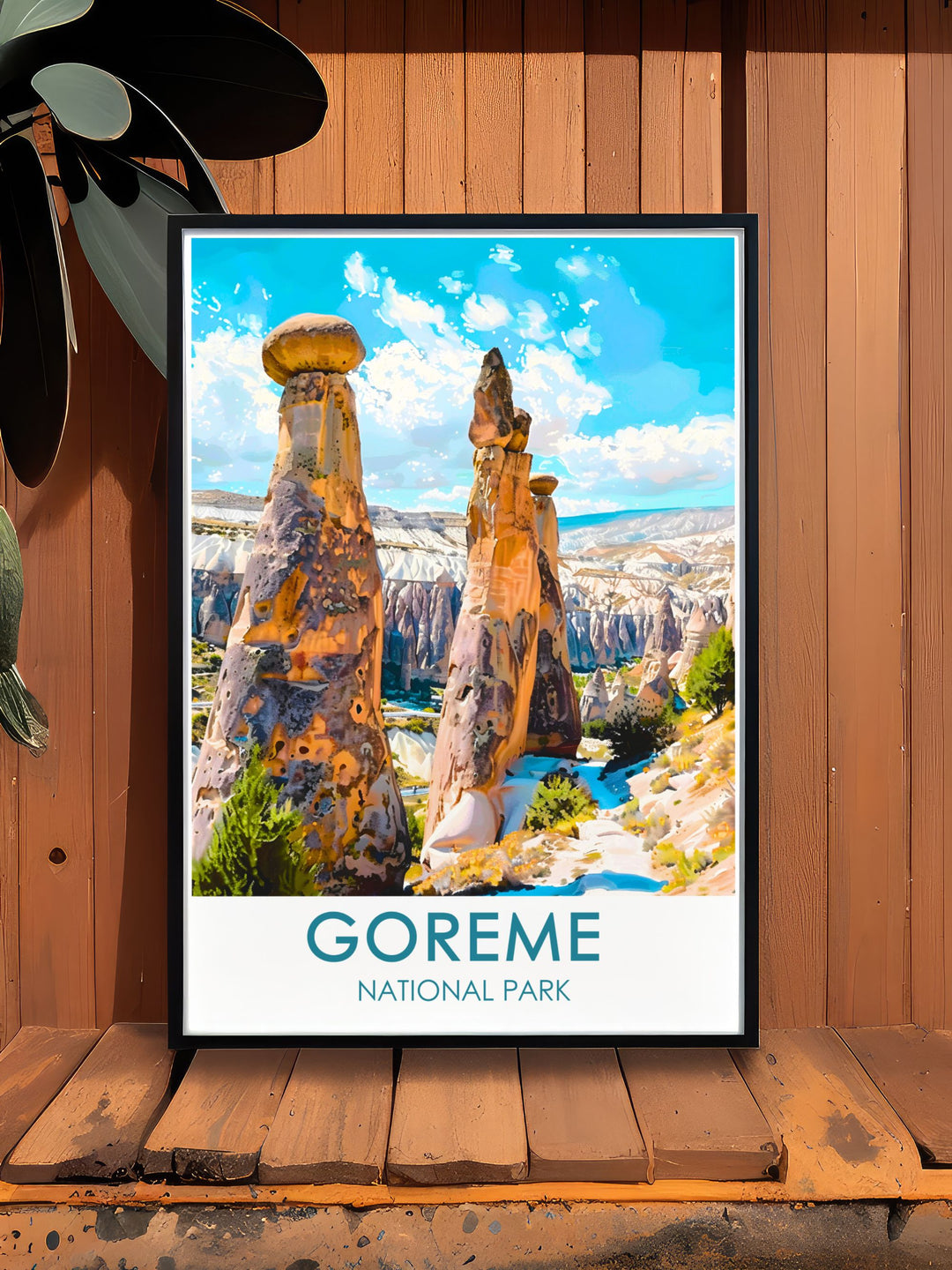The surreal beauty of Goreme National Parks Fairy Chimneys and the colorful hot air balloons are depicted in this detailed poster, making it an excellent piece for those who appreciate the unique landscapes of Turkey.