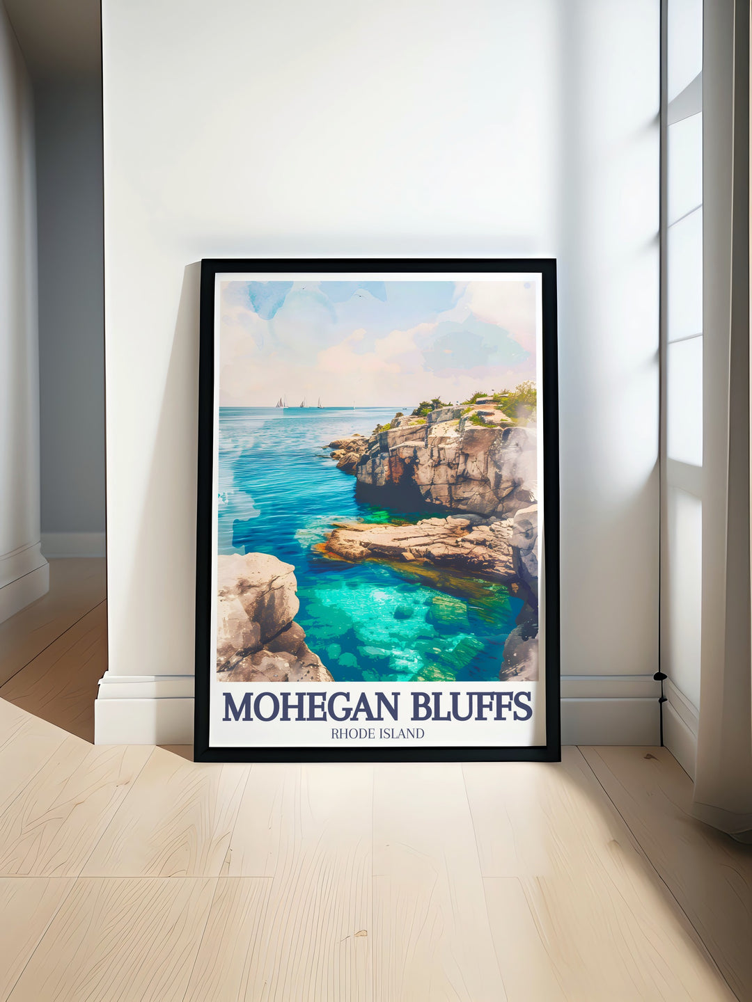 Featuring the majestic Mohegan Bluffs on Block Island, this Rhode Island travel poster is a stunning piece of wall art for any coastal lover. With its vintage design and soft color palette, this poster brings tranquility and elegance to any home or office.