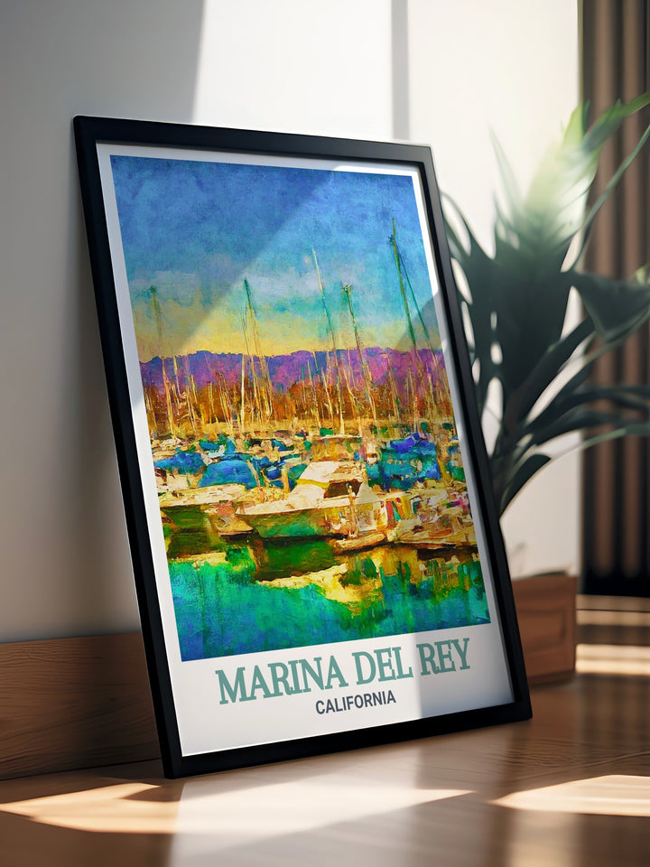 Stunning Marina del Rey travel print with a detailed city map in vibrant colors. The artwork includes Marina del Rey Harbor offering a perfect combination of city and coastal charm making it ideal for living room decor and thoughtful gifts for friends or family.