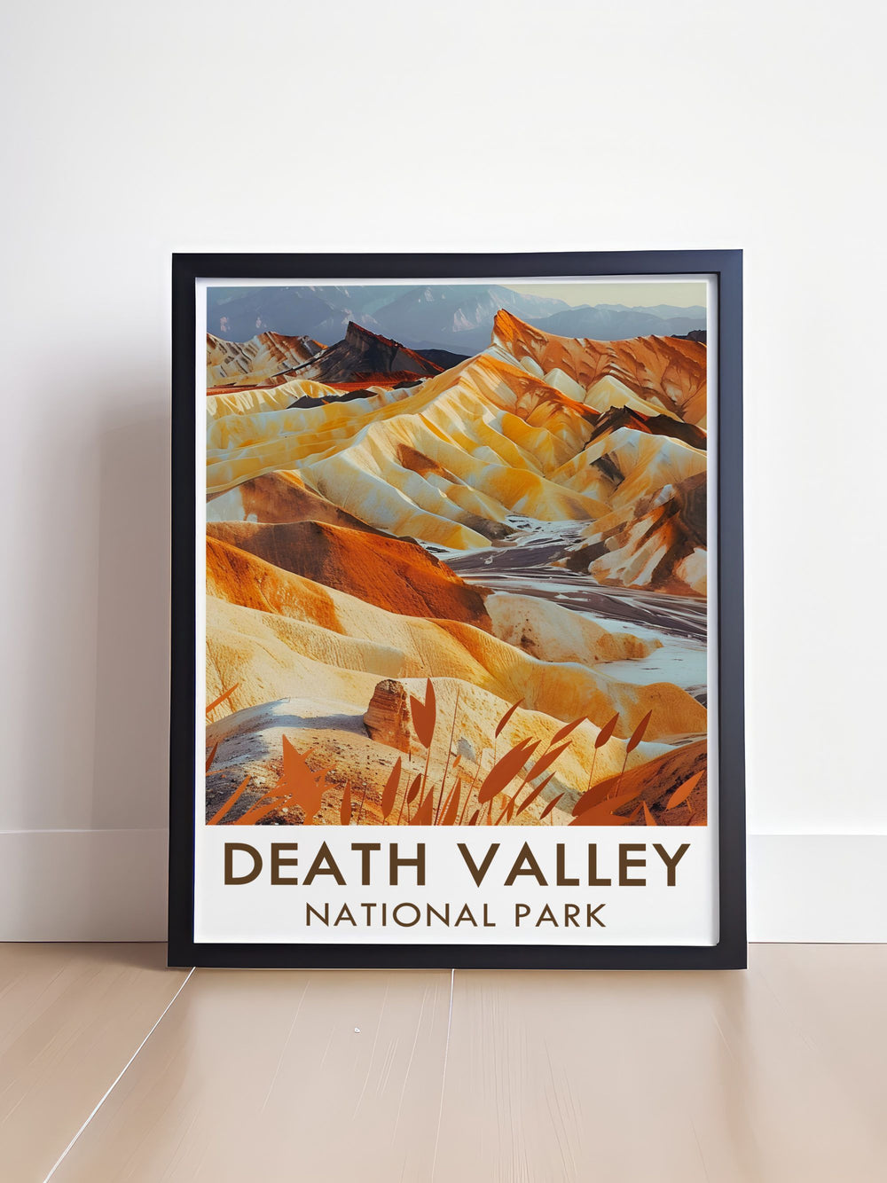 Travel poster featuring Zabriskie Point in Death Valley, highlighting the stunning views of the badlands and dramatic vistas of the park, ideal for adding a touch of desert beauty to your decor.