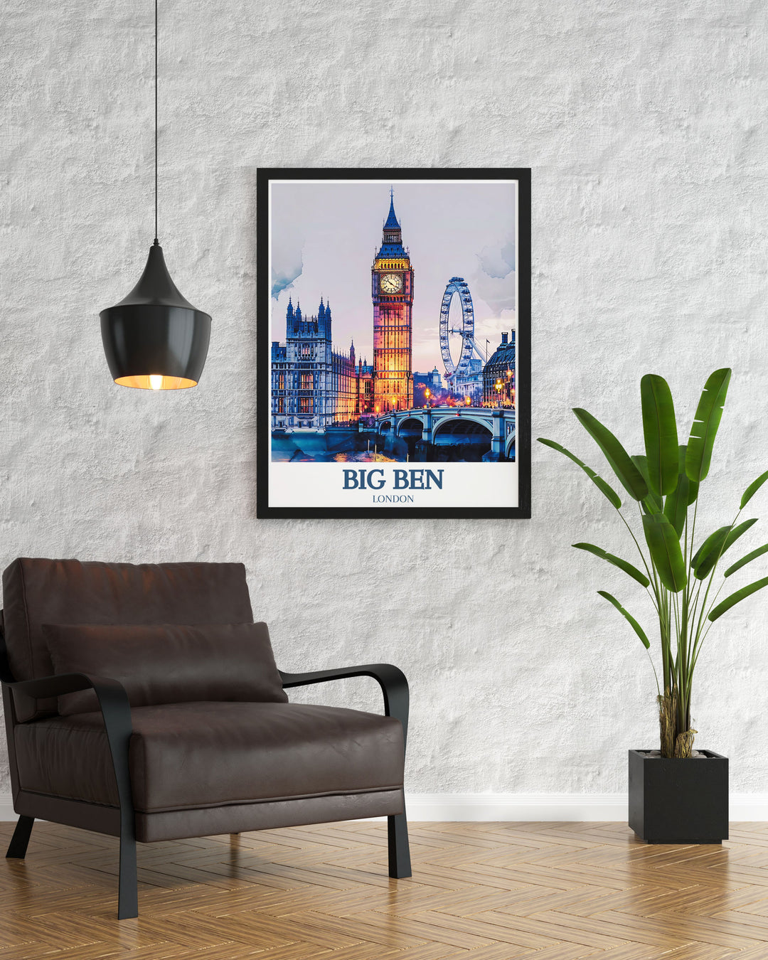 Elegant London wall art depicting Big Ben and the Houses of Parliament with the London Eye, showcasing the citys architectural and scenic beauty. Perfect for adding sophistication and a touch of history to any room.