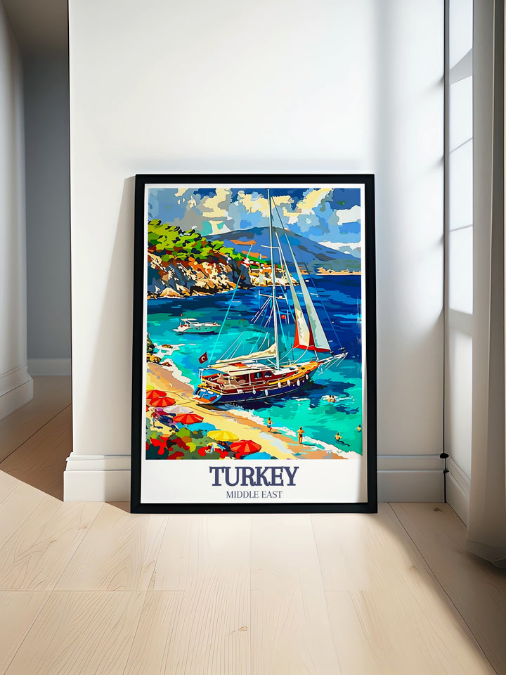 This travel print of Turkeys Turquoise Coast showcases the traditional Gulet sailboat against a backdrop of vibrant blue waters. Perfect for any home or office, it brings the beauty of Turkeys maritime heritage to your walls.