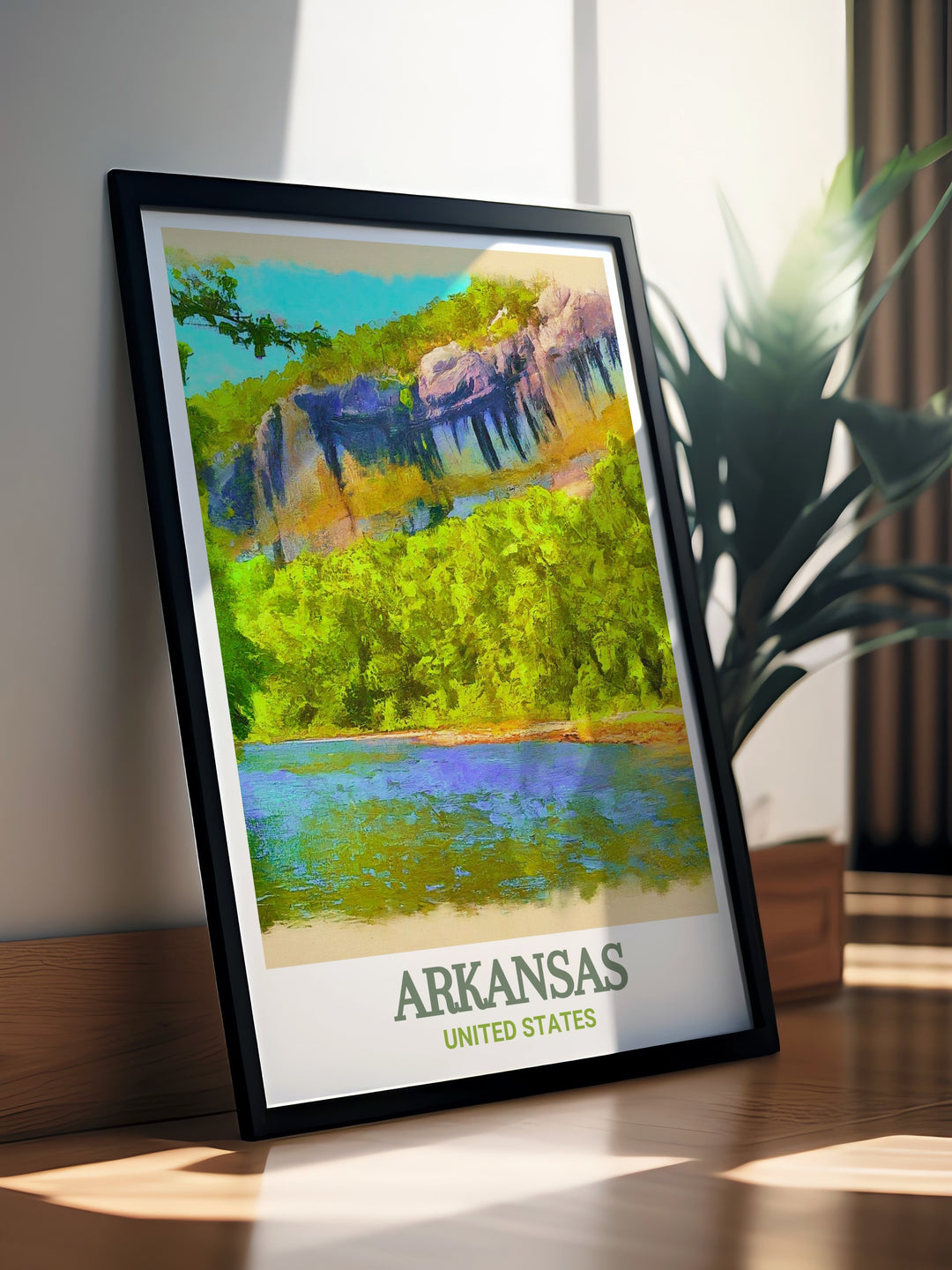 Art print of Buffalo National River in Arkansas, featuring the picturesque river and lush landscapes. Perfect for nature lovers and those who appreciate outdoor beauty, this poster is a stunning addition to any art collection.