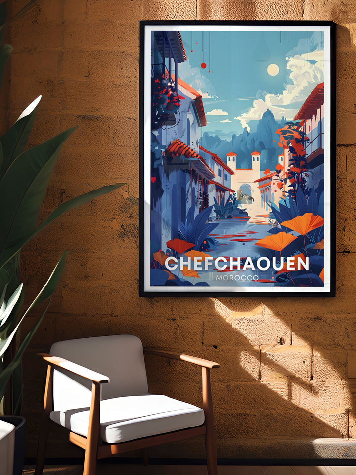 This Chefchaouen travel poster brings the vibrant streets of the Blue Medina to life, perfect for those who love Moroccan landscapes. Featuring the serene vistas of Chefchaouens Medina, this travel poster is perfect for those who appreciate the scenic and cultural richness of Morocco.