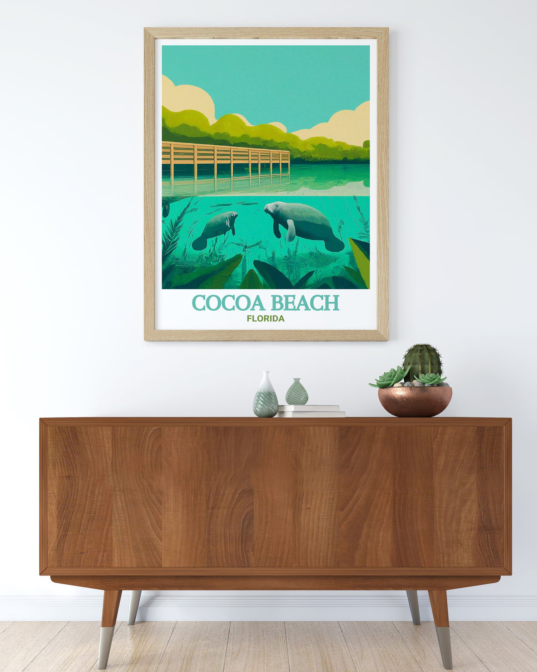 Artistic print of Cocoa Beach, focusing on the serene Manatee Sanctuary Park. The artwork highlights the parks peaceful environment, offering a beautiful addition to any room, especially for those who love Floridas coastal scenery.