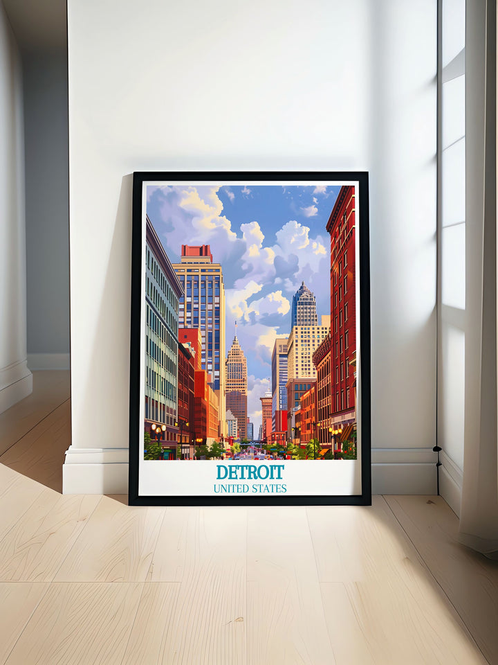 Home decor print illustrating the scenic beauty of Detroit City, highlighting the architectural marvels and cultural landmarks of Michigans Motor City.