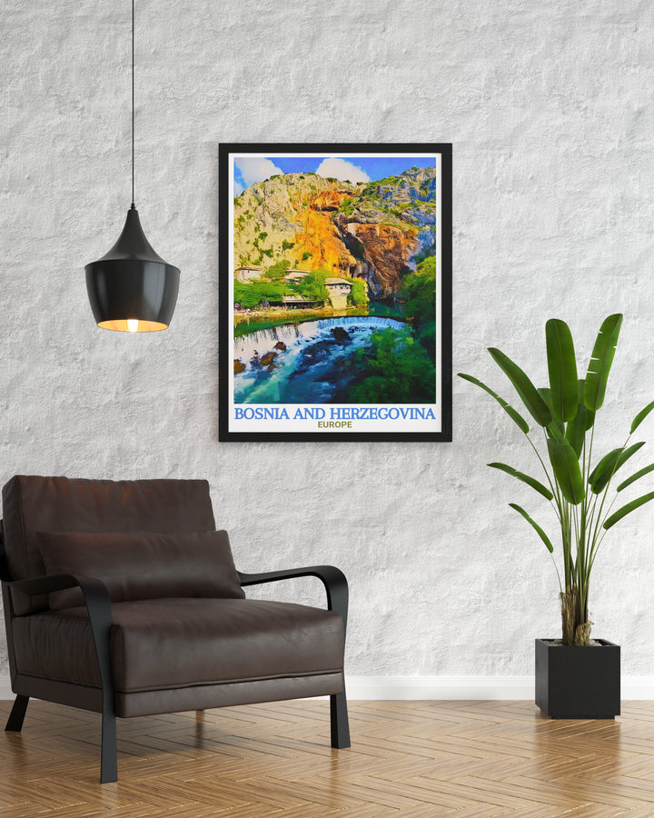 Blagaj Tekija travel print highlights the serene atmosphere of Bosnias historic Sufi monastery, nestled by the stunning cliffs along the Buna River. Perfect for lovers of nature and history, this canvas art celebrates the spiritual and natural beauty of Bosnia.