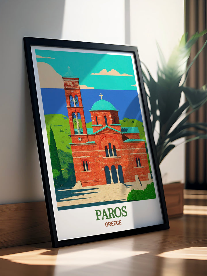 Bring the spiritual depth of Paros into your home with this vintage poster of Panagia Ekatontapiliani. The artwork celebrates the islands religious significance and historical legacy, making it a thoughtful gift for lovers of Greek history.