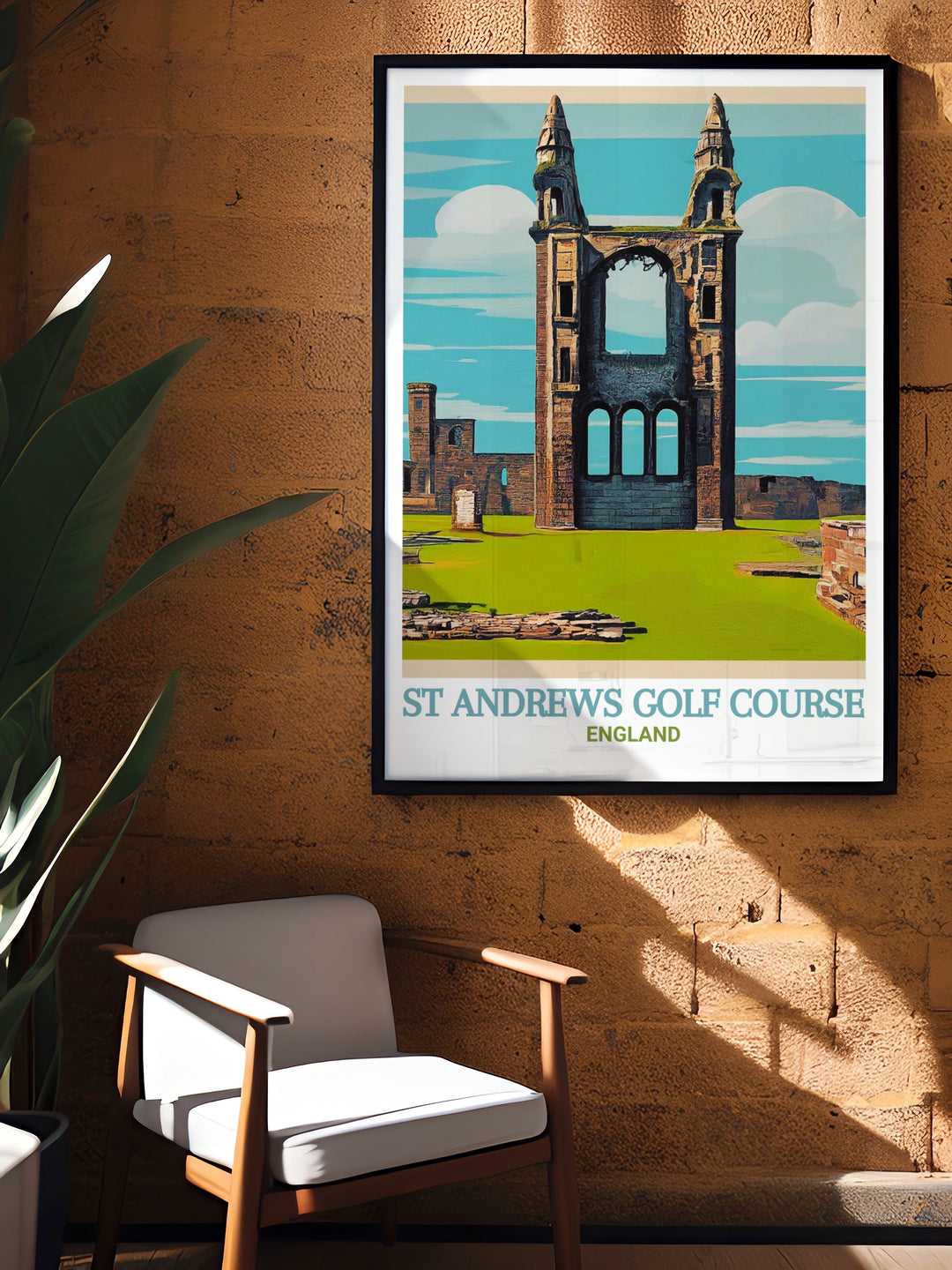 Wall poster of St Andrews, focusing on the world famous Golf Course and the ancient Cathedral. This print is ideal for adding a sense of adventure and cultural appreciation to your interior design, celebrating Scotlands unique heritage.