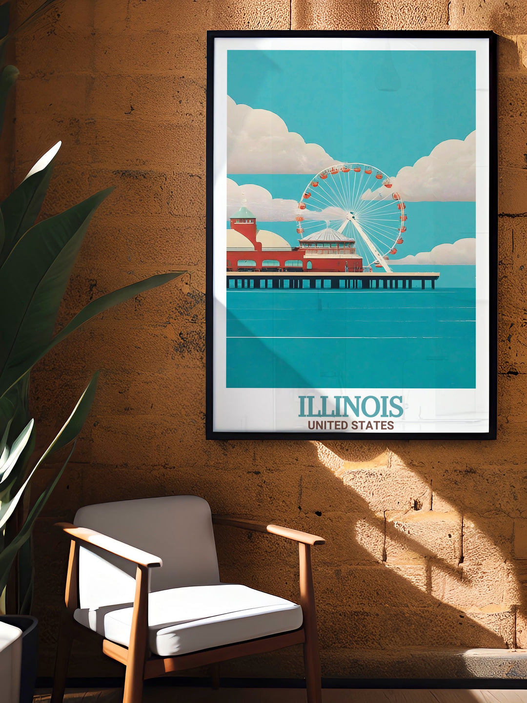 Add a touch of urban charm to your space with this Illinois vintage style poster featuring Navy Pier and the iconic Chicago skyline. The artworks bold colors and fine details bring out the best of this historic cityscape, making it a great gift or personal treasure.