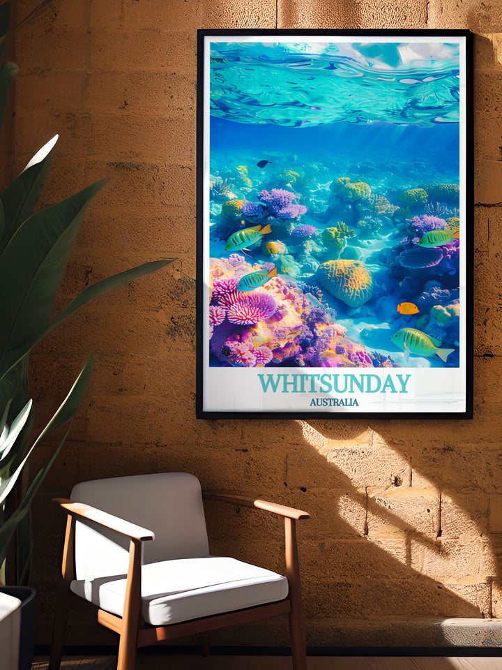 Whitsunday Islands Travel Prints featuring the Great Barrier Reef are perfect for nature lover gifts bringing the vibrant colors and serene beauty of Australian beaches into your home with stunning wall art