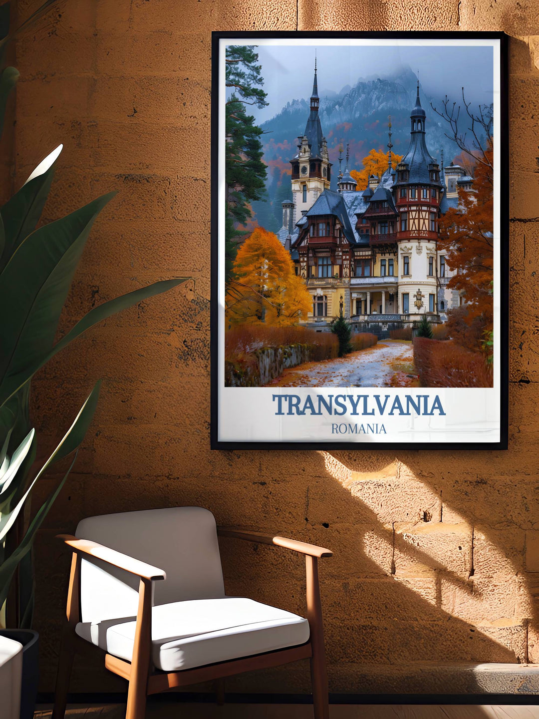 Vintage posters of Peleș Castle capturing the charm and grandeur of Romanias royal history, perfect for adding a distinctive piece of decor to any room.