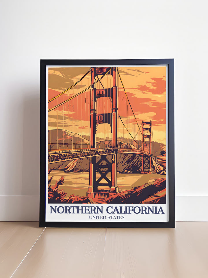 Golden Gate Bridge Travel Print captures San Franciscos most iconic landmark alongside the serene beauty of Redwood State Park. This wall art print is a must have for anyone who cherishes Californias unique blend of city and nature in one stunning vintage travel poster.