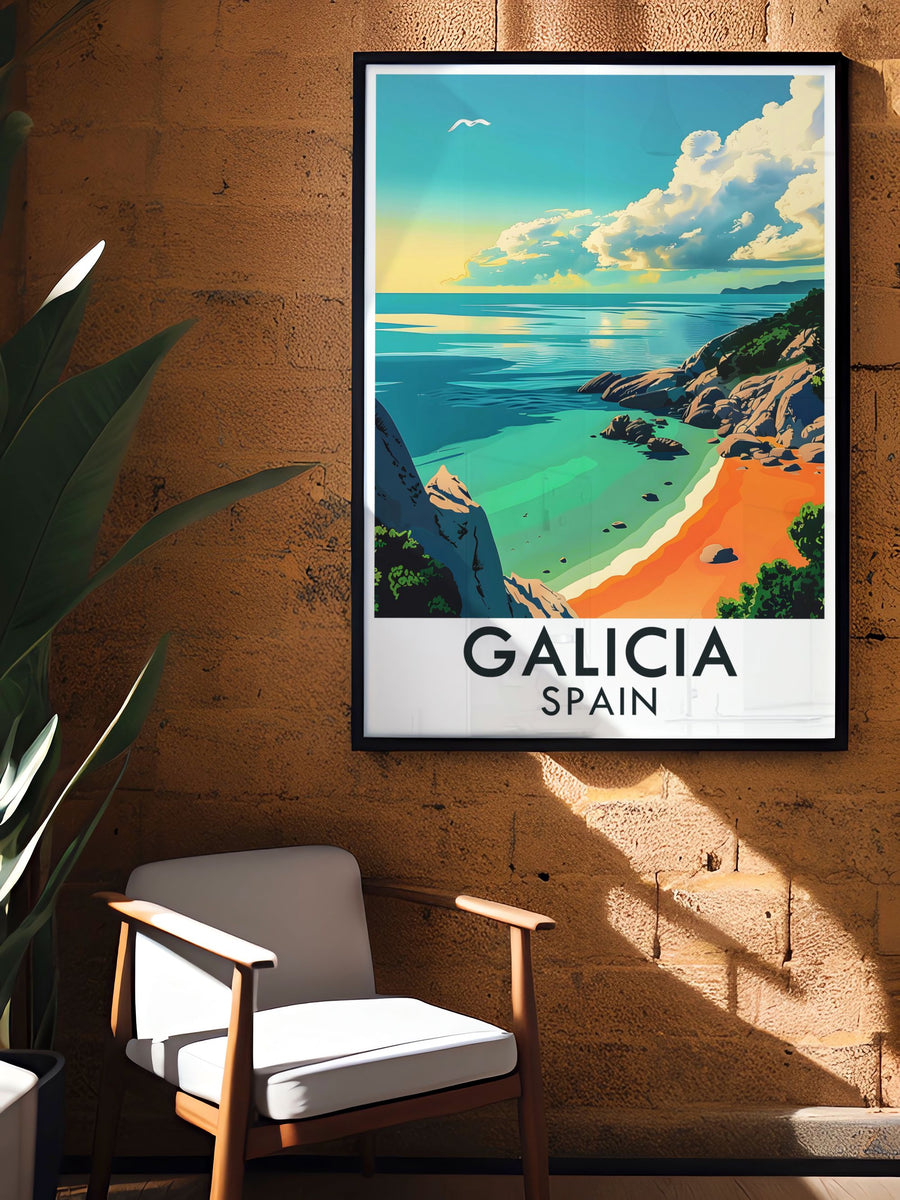 The lush forests and scenic trails of the Cíes Islands are illustrated, showcasing the islands diverse landscapes and outdoor appeal.