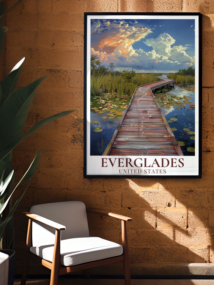 National Park Art featuring the tranquil marshes and vibrant ecosystems of the Everglades. Ideal for home decor and nature lovers. This print includes the serene Anhinga Trail, making it a standout piece.
