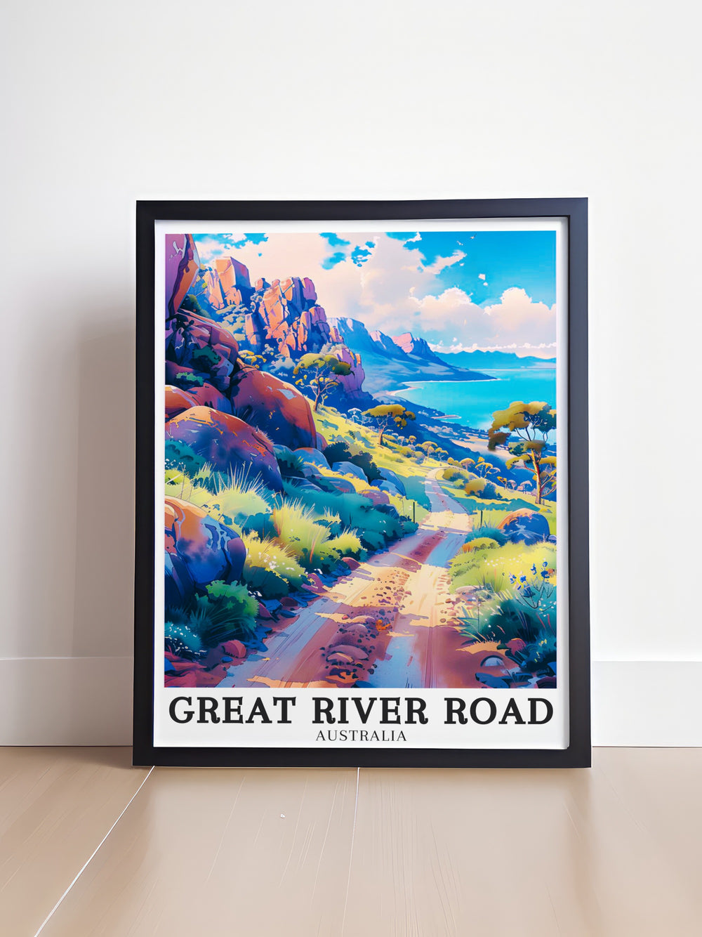 Great River Road travel poster featuring the scenic views of Australias iconic river path. This wall print is perfect for creating a peaceful and calming atmosphere in your home, making it a thoughtful gift for nature lovers and travelers alike.