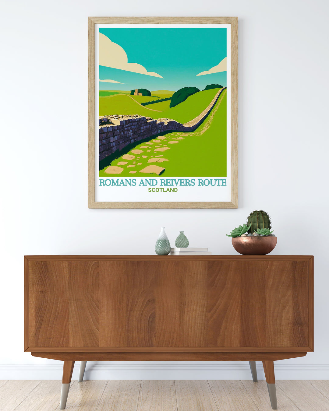 Explore the beauty of Hadrians Wall and Scotlands Great Trail with this stunning Reivers Route poster perfect for adding vintage travel art charm to your living room while celebrating the landscapes of Hawick and Dumfries Galloway.