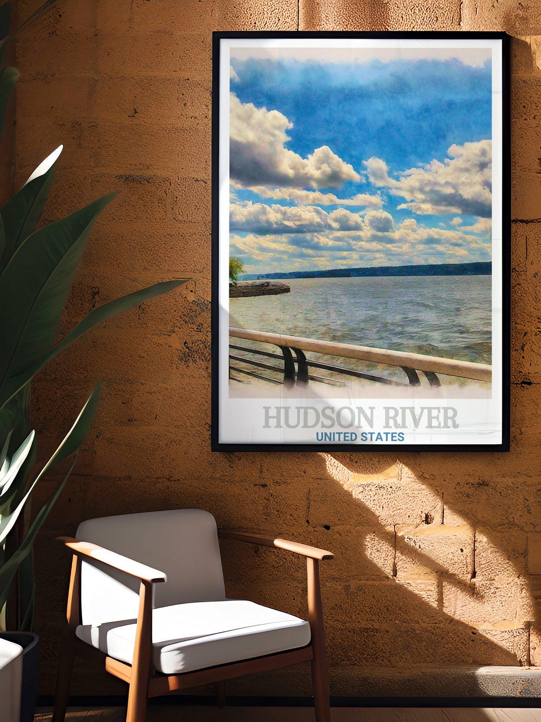 Capture the essence of New Yorks iconic Hudson River with this stunning travel poster. Featuring views from the Hudson River Waterfront Walkway, this artwork offers a peaceful yet vibrant depiction of the famous waterway.